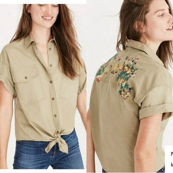 MADEWELL Embroidered Tie Front Safari Shirt Womens Small Floral Tan Camp Western - Picture 3 of 12